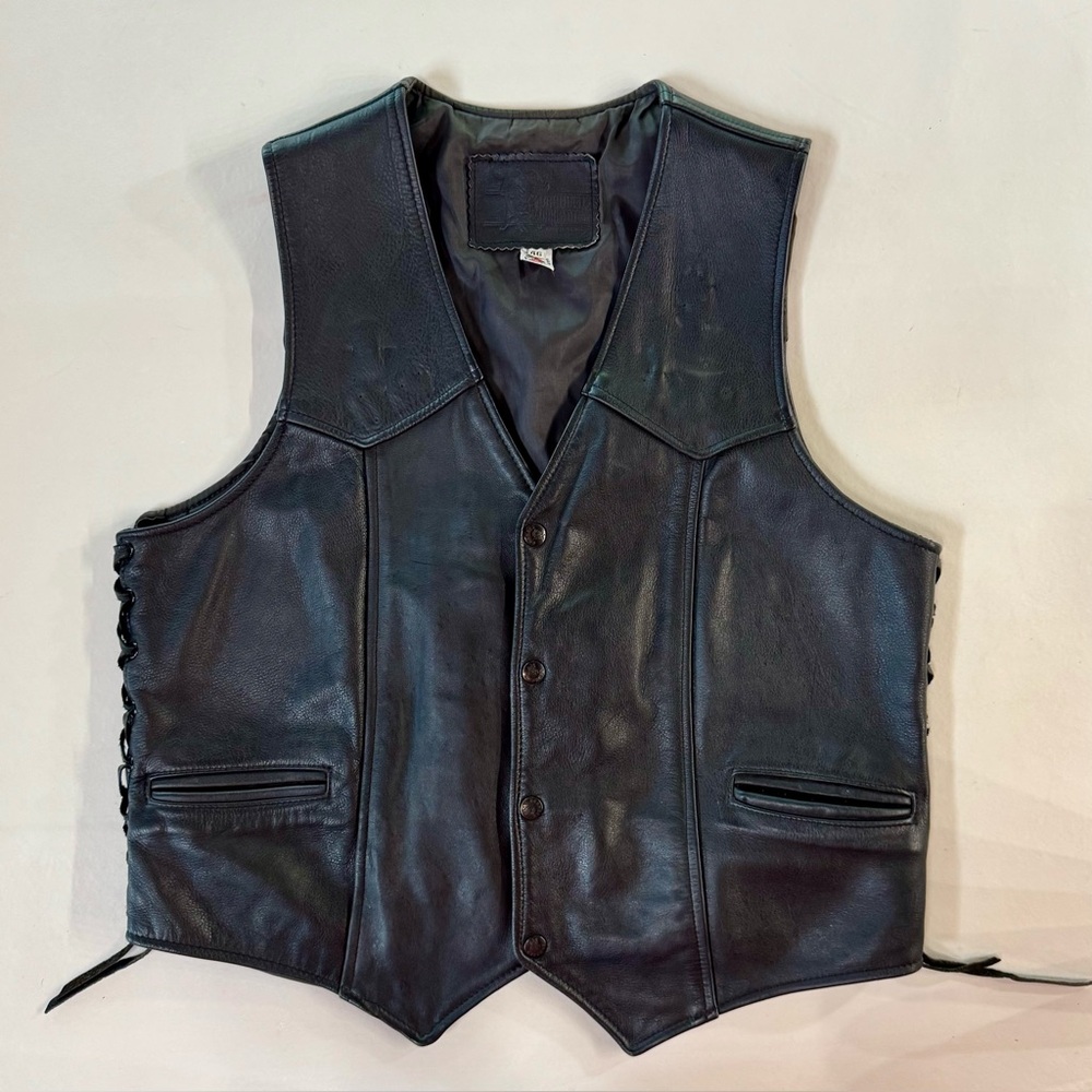 Black Leather Motorcycle Vest with Lace-Up Sides (46) - Picture 6 of 17
